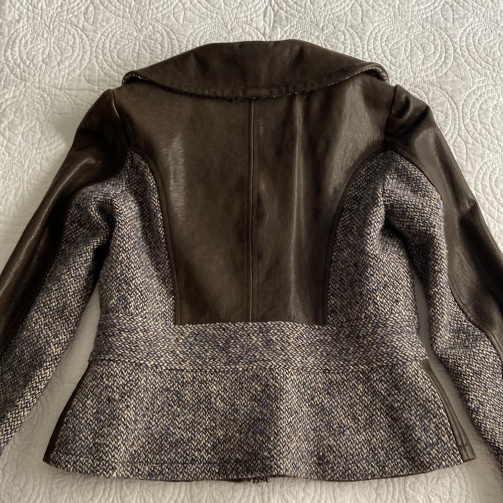 Tocca Leather Blazer Tweed Hourglass Notched Lapels Brown Blue Gray 4 Or S - Picture 15 of 17